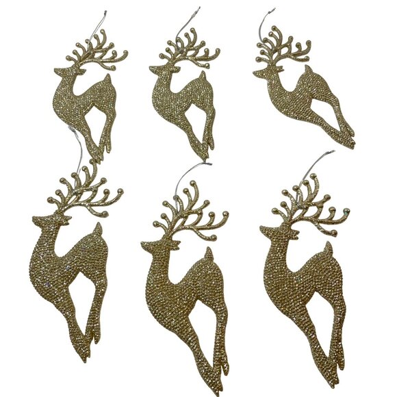 Set Of 6 Gold Glittered Reindeer Christmas Ornaments With Hanging Strings For Ho - Picture 2 of 8